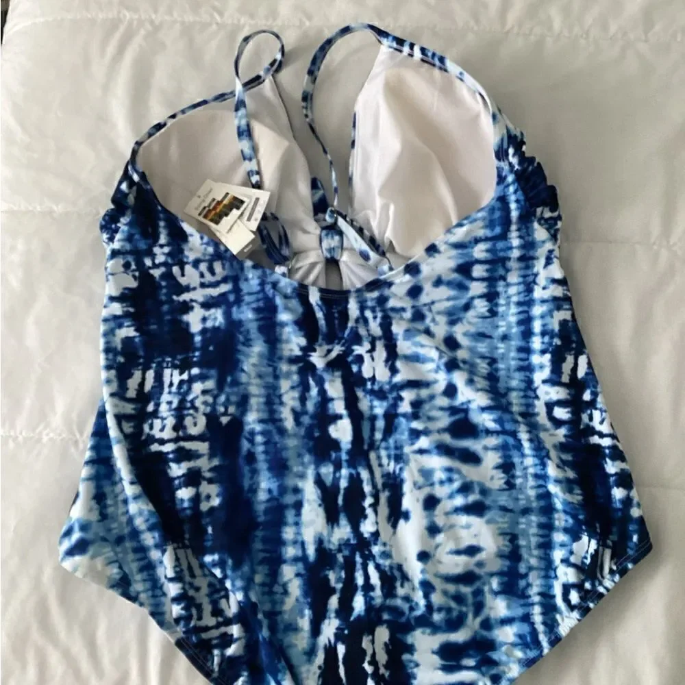 NWT Sz 22 Time Tru tie dye one piece swimsuit, blue, lined, w bust pads.